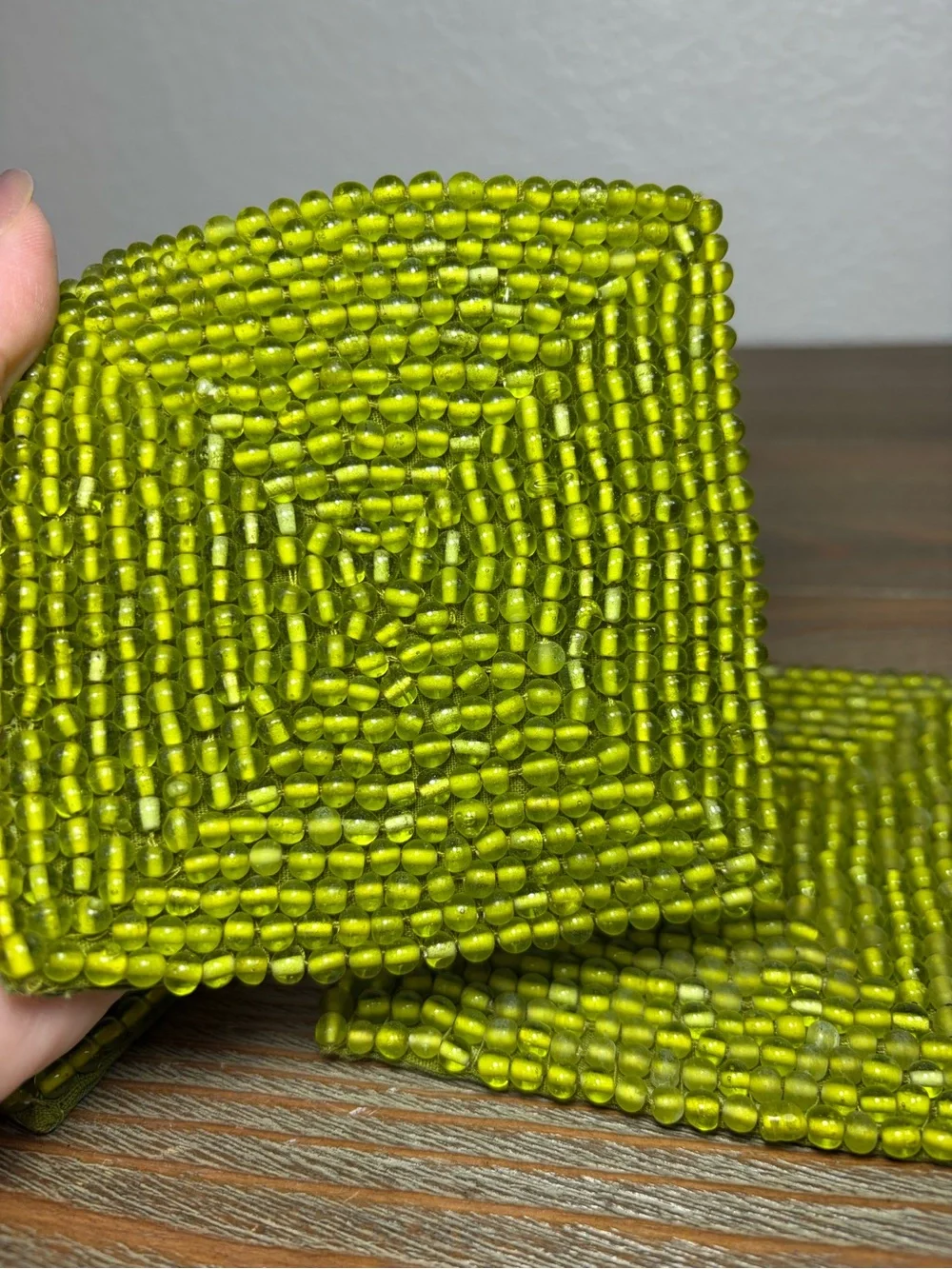 NWT Pottery Barn Green Glass Beaded Coasters Set of Four 4” Square Made in India